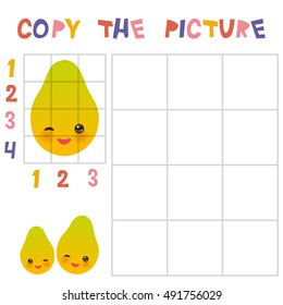 Copy the mantis picture using the grid, education game for children. Kids learning game papaya pear isolated on white background. Vector