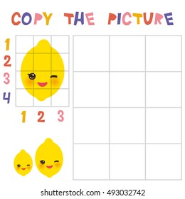 Copy the mantis picture using the grid, education game for children. Kids learning game lemon isolated on white background. Vector