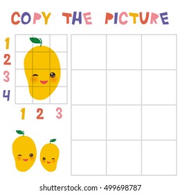 Copy the mantis picture using the grid, education game for children. Kids learning game mango orange isolated on white background. Vector