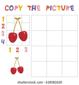 Copy the mantis picture using the grid, education game for children. Kids learning game Ripe red cherry isolated on white background. Vector