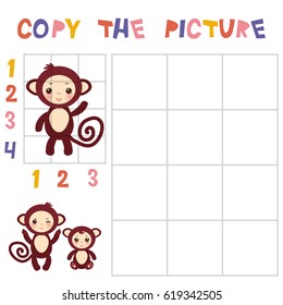 Copy the mantis picture using the grid, education game for children. Kids learning game Funny brown monkey isolated on white background. Vector