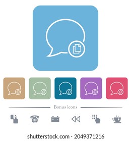 Copy message outline white flat icons on color rounded square backgrounds. 6 bonus icons included