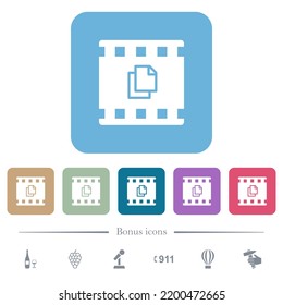 Copy movie white flat icons on color rounded square backgrounds. 6 bonus icons included
