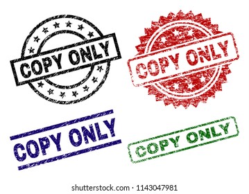 COPY ONLY seal prints with corroded style. Black, green,red,blue vector rubber prints of COPY ONLY text with corroded surface. Rubber seals with circle, rectangle, medal shapes.