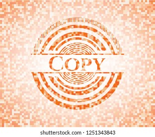 Copy orange tile background illustration. Square geometric mosaic seamless pattern with emblem inside.