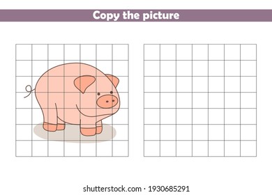 Copy and paint the picture of cartoon pig. Handwriting practice. Worksheet for preschoolers. Educational game for kids. Vector illustration.