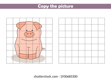 Copy and paint the picture of cartoon pig. Handwriting practice. Worksheet for preschoolers. Educational game for kids. Vector illustration.