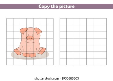 Copy and paint the picture of cartoon pig. Handwriting practice. Worksheet for preschoolers. Educational game for kids. Vector illustration.