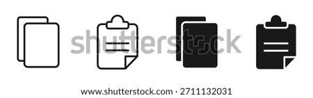 Copy and paste icon set in outline and silhouette style representing duplicate files data copying user interface actions and digital tools vector illustration