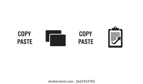 Copy paste icons representing digital information transfer and clipboard task completion silhouette