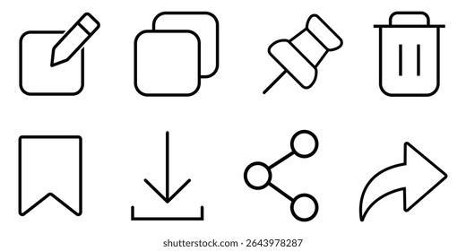 copiar, colar, fixar, conjunto de ícones de vetor de avanço. Conjunto de ícones de rede social. Definição dos ícones da barra de ferramentas. Conjunto de ícones de interação simples. Copiar colar editar pin forward excluir opção de compartilhamento. ilustração vetorial.