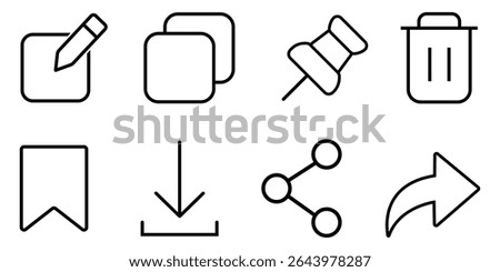copy, paste, pin, forward vector icon set. Social networking icon set. Toolbar icons set. Simple interaction icon set. Copy paste edit pin forward delete share option. vector illustration.
