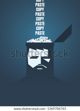 Copy paste vector concept with person's brain loading with the same text. Symbol of repetition, routine, mundane, boring job. Eps10 vector illustration.