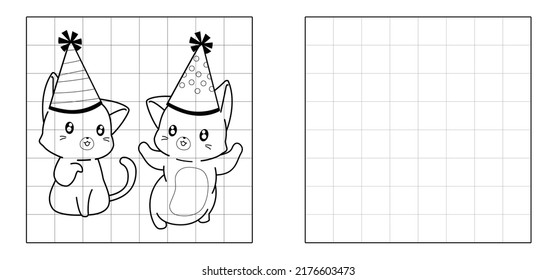 Copy the picture of 2 cute cat in the party cartoon