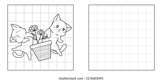 Copy the picture of 2 cute cat and flower cartoon