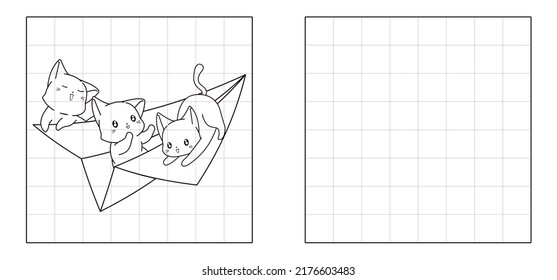 Copy the picture of 3 cats on paper plane cartoon
