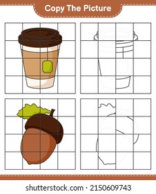 Copy the picture, copy the picture of Acorn and Tea Cup using grid lines. Educational children game, printable worksheet, vector illustration