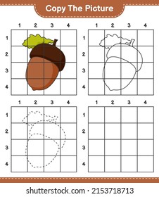 Copy the picture, copy the picture of Acorn using grid lines. Educational children game, printable worksheet, vector illustration