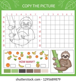 Copy the picture. Activity page for book. Draw using grid lines. Coloring tutorial with cute sloth. Children funny education riddle entertainment and amusement. Kids count game. Vector illustration.