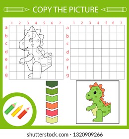 Copy the picture. Activity page for book. Drawing lesson. Coloring tutorial with dinosaur tyrannosaurus. Children funny education riddle. Vector illustration.