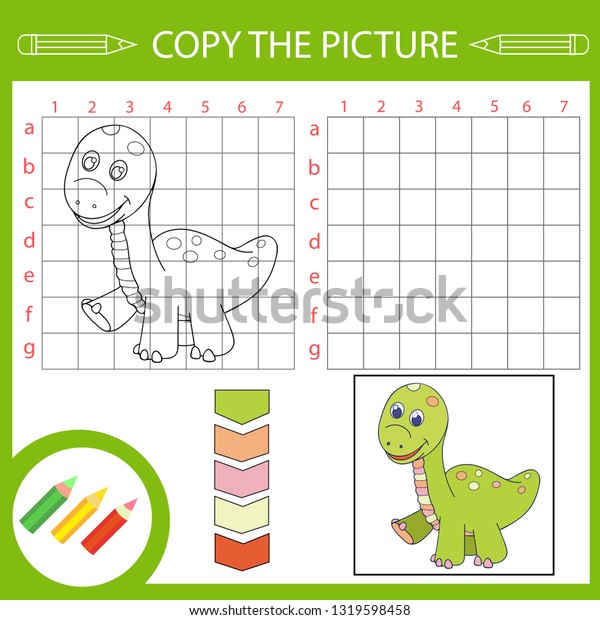 Copy the picture.\
Activity page for book. Draw using grid lines. Coloring tutorial\
with cute dinosaur Apatosaurs. Children funny education riddle.\
Vector illustration.
