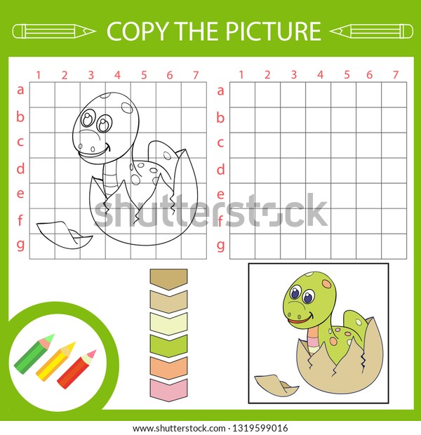 Copy the\
picture. Activity page for book. Draw using grid lines. Coloring\
tutorial with cute baby dinosaur Apatosaurs. Children funny\
education riddle. Vector\
illustration.