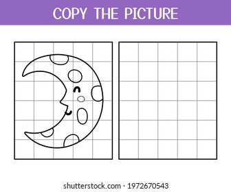 Copy the picture activity page for kids. Draw and color cute moon. Space educational game template for school and preschool. Vector illustration