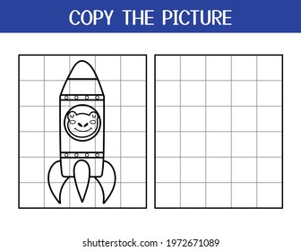 Copy the picture activity page for kids  Draw   color cute frog in rocket  Space educational game template for school   preschool  Vector illustration