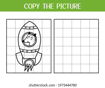 Copy the picture activity page for kids. Draw and color a cute fox in rocket. Space educational game template for school and preschool. Vector illustration