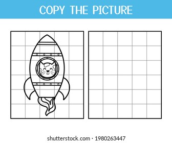 Copy the picture activity page for kids  Draw   color rocket and cute cat  Space educational game template for school   preschool  Vector illustration