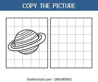 Copy the picture activity page for kids. Draw and color a planet Saturn using the example. Space educational game template for school and preschool. Vector illustration