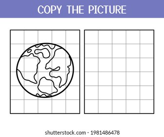 Copy the picture activity page for kids. Draw and color a planet Earth using the example. Space educational game template for school and preschool. Vector illustration