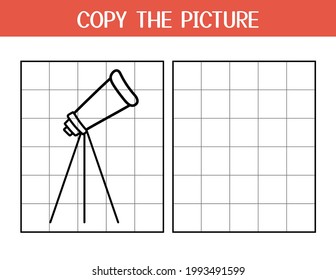 Copy the picture activity page for kids. Draw and color a telescope using the example. Space educational game template for school and preschool. Vector illustration