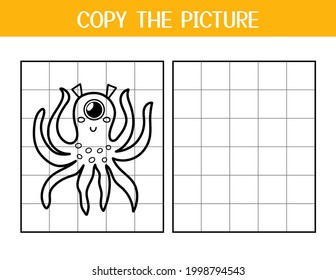 Copy the picture activity page for kids. Draw and color a cute alien  using the example. Space educational game template for school and preschool. Vector illustration