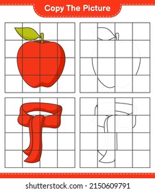 Copy the picture, copy the picture of Apple and Scarf using grid lines. Educational children game, printable worksheet, vector illustration