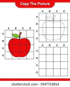 Copy the picture, copy the picture of Apple using grid lines. Educational children game, printable worksheet, vector illustration