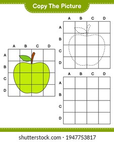 Copy the picture, copy the picture of Apple using grid lines. Educational children game, printable worksheet, vector illustration