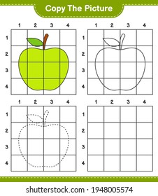 Copy the picture, copy the picture of Apple using grid lines. Educational children game, printable worksheet, vector illustration