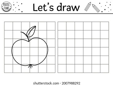 Copy the picture autumn themed game for kids. Complete the apple game. Vector back to school drawing practice worksheet. Printable black and white activity or coloring page for children. 
