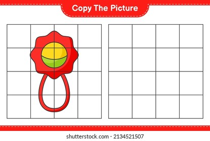 Copy the picture, copy the picture of Baby Rattle using grid lines. Educational children game, printable worksheet, vector illustration