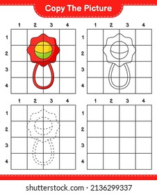 Copia la imagen, copia la imagen de Baby Rattle usando líneas de cuadrícula. Juego infantil educativo, hoja de cálculo imprimible, ilustración vectorial