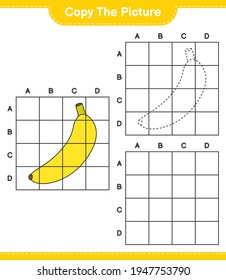 Copiar la imagen, copiar la imagen de Banana usando líneas de cuadrícula. Juego infantil educativo, hoja de cálculo imprimible, ilustración vectorial