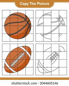 Copie la imagen, copie la imagen de Baloncesto y Balón de Rugby usando líneas de cuadrícula. Juego infantil educativo, hoja de cálculo imprimible, ilustración vectorial