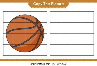 Copiar la imagen, copiar la imagen del baloncesto usando líneas de cuadrícula. Juego infantil educativo, hoja de cálculo imprimible, ilustración vectorial