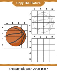 Copiar la imagen, copiar la imagen del baloncesto usando líneas de cuadrícula. Juego infantil educativo, hoja de cálculo imprimible, ilustración vectorial