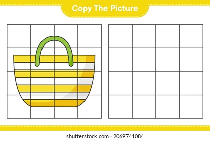 Kopieren Sie das Bild und kopieren Sie das Bild der Beach Bag mit Rasterlinien. Kinderspiel, druckbares Arbeitsblatt, Vektorgrafik