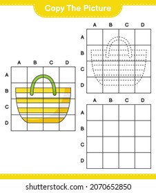Copiar la imagen, copiar la imagen de Beach Bag utilizando líneas de cuadrícula. Juego infantil educativo, hoja de cálculo imprimible, ilustración vectorial