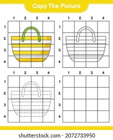 Kopieren Sie das Bild und kopieren Sie das Bild der Beach Bag mit Rasterlinien. Kinderspiel, druckbares Arbeitsblatt, Vektorgrafik