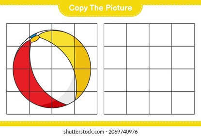 Copie la imagen, copie la imagen de Beach Ball utilizando líneas de cuadrícula. Juego infantil educativo, hoja de cálculo imprimible, ilustración vectorial