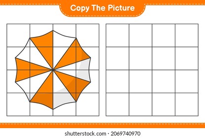 Copia la imagen, copia la imagen de Beach Umbrella usando líneas de cuadrícula. Juego infantil educativo, hoja de cálculo imprimible, ilustración vectorial